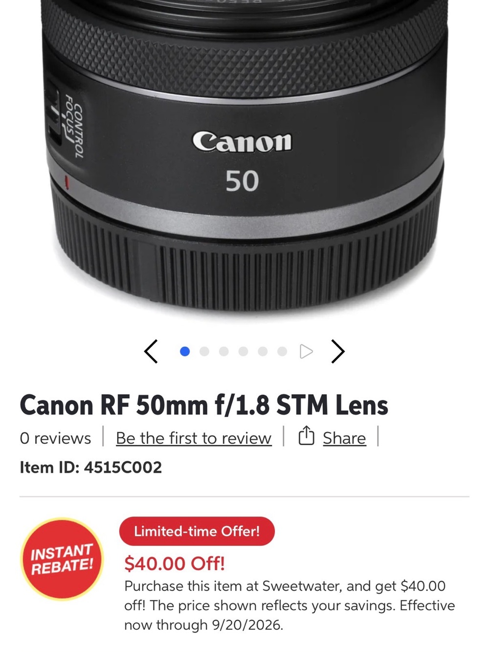 Canon 50mm f/1.8 STM Lens - Black with Silver Accents